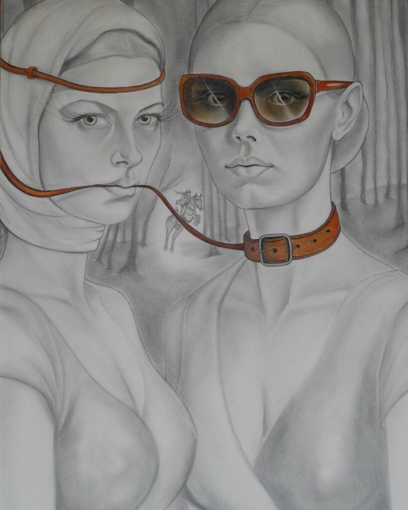 Lulu Amere – Dessin Dressage, femme et cheval, crayons