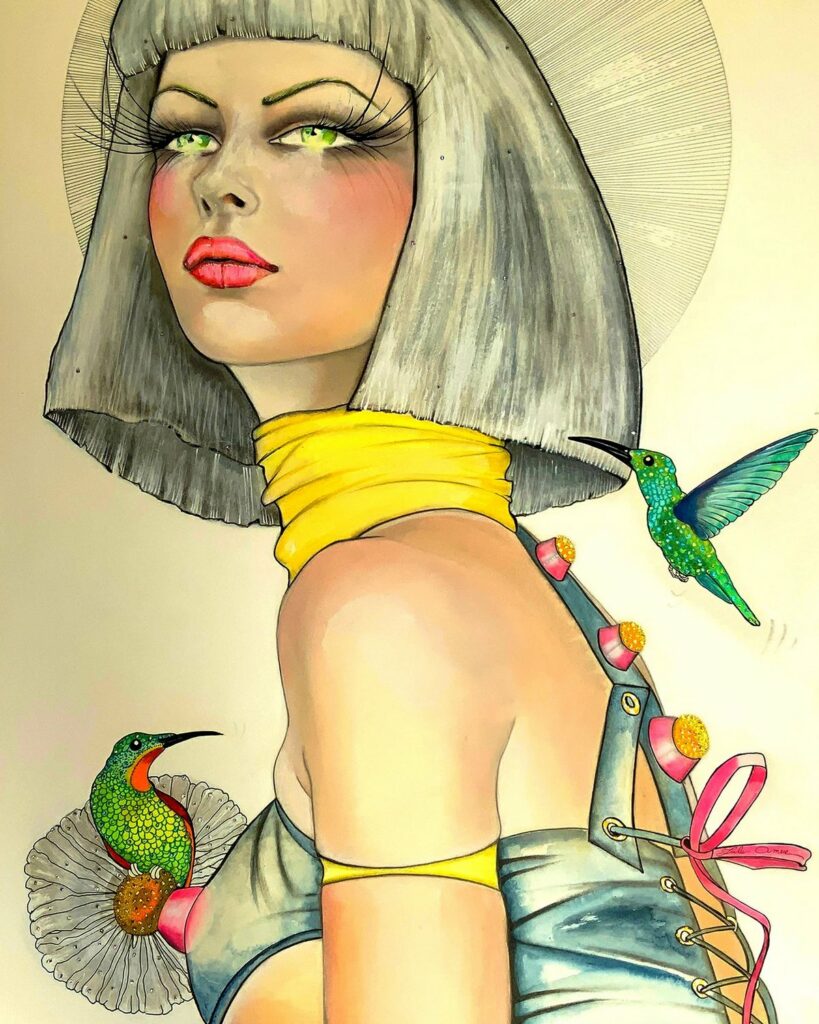 Lulu Amere – peinture originale sur papier, paillettes et oiseaux de paradis